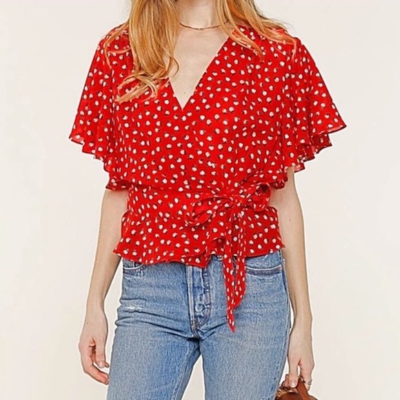 HEARTLOOM Blouse Red Blake wrap Bow Tie Waist Spring Blouse Size XS - Picture 8 of 8